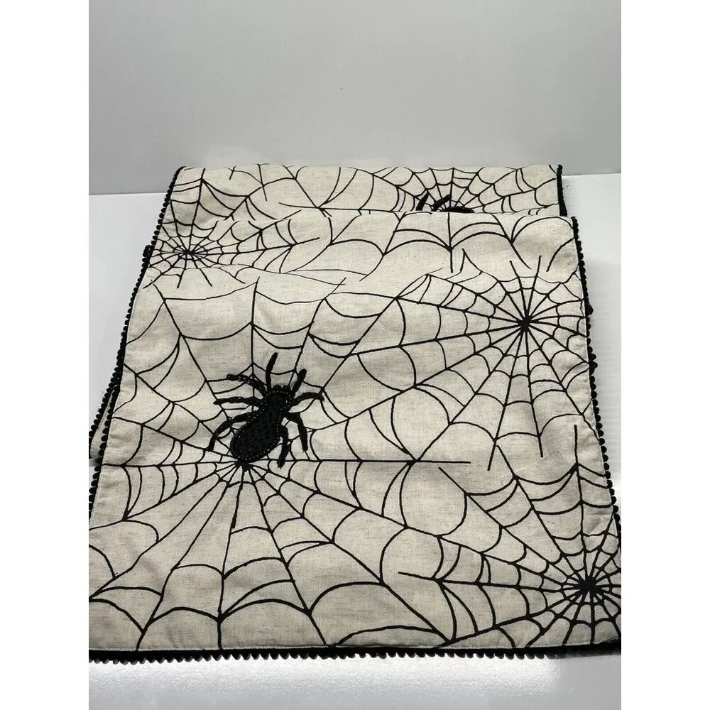 Black Spider Web Black Beaded Halloween Table Runner Hallow Home 71” x‎ 17”  EL1